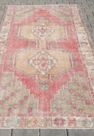 Hand Knotted Wool Rug, Vintage Oushak Style red Carpet