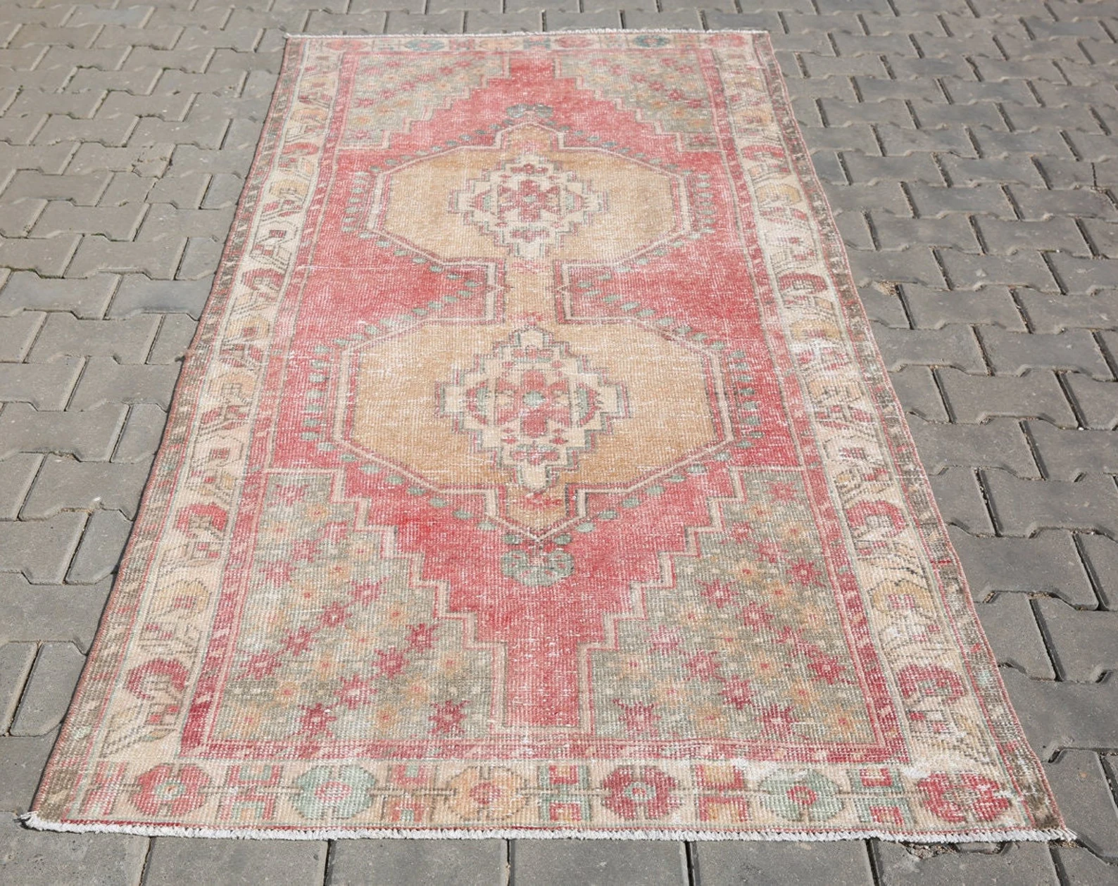 Hand Knotted Wool Rug, Vintage Oushak Style red Carpet