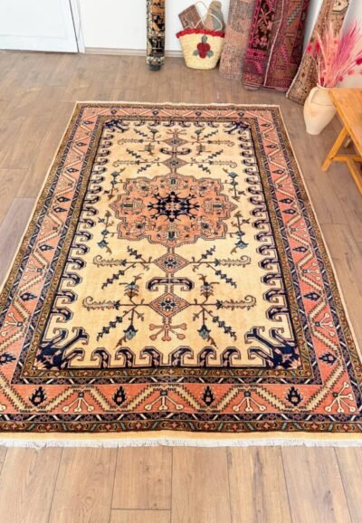 Hand Knotted Wool Rug, Vintage Oushak Style Green Carpet