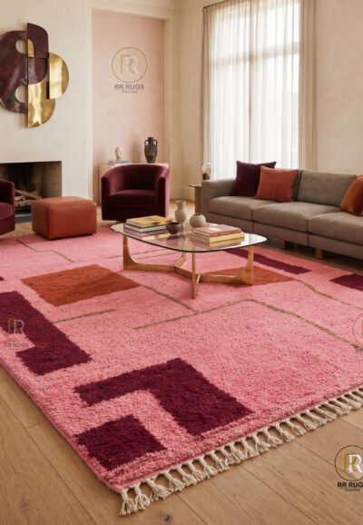 Abstract Rose & Burgundy Colorblock Wool Rug